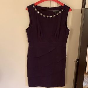 navy blue, jeweled collar cocktail dress